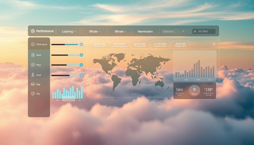 A vibrant, high-resolution image of a streaming service dashboard showcasing performance optimization and visual quality controls. The foreground features a sleek user interface with sliders, toggles, and graphs dynamically displaying network bandwidth, bitrate, and frame rate metrics. The middle ground depicts a world map with network connectivity and global server locations. The background showcases a serene, atmospheric landscape with a soft, diffused lighting scheme, complementing the overall theme of effortless, optimized streaming performance.