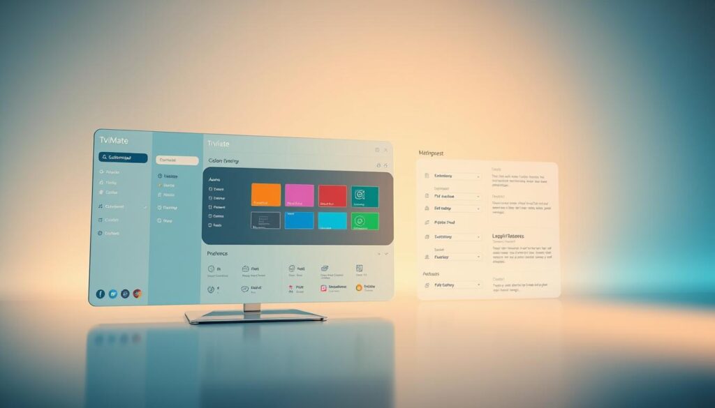 A visually stunning and highly customized TiviMate interface, showcasing a sleek and modern design. The foreground features a crisp, high-resolution display of the TiviMate user interface, with clean lines, intuitive icons, and a seamless navigation experience. The middle ground showcases various customization options, such as adjustable color schemes, font styles, and layout preferences, allowing the user to personalize their viewing experience. The background depicts a subtle yet elegant gradient, creating a sense of depth and sophistication. The lighting is soft and diffused, casting a warm and inviting glow across the entire scene. The camera angle is positioned to provide a comprehensive view of the interface, highlighting its flexibility and user-friendliness.