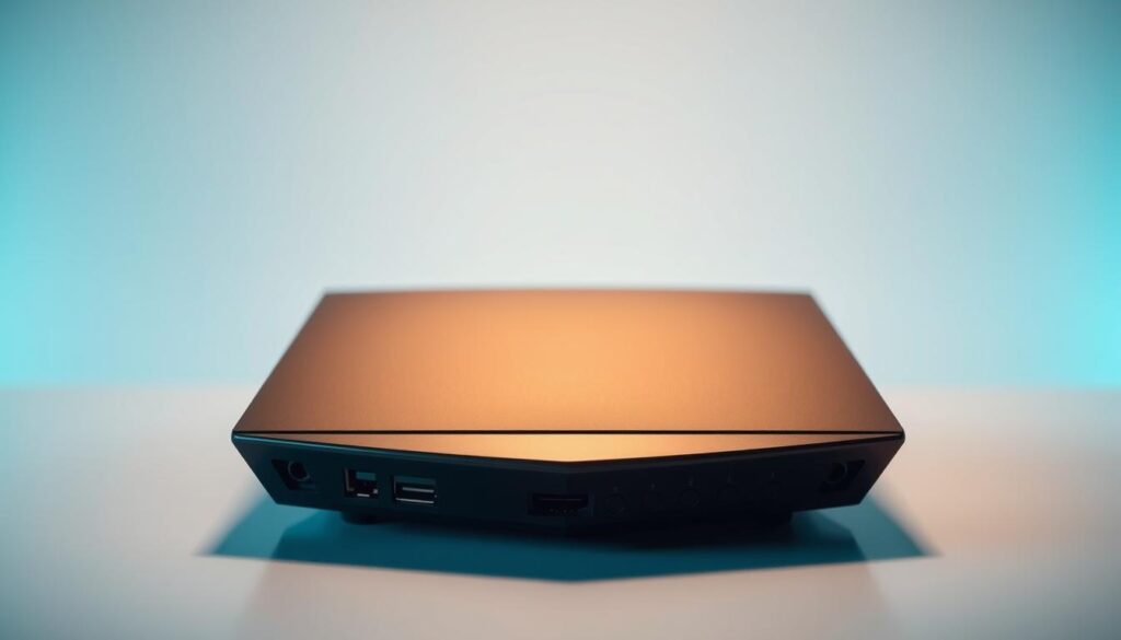 A well-lit, close-up view of a Nvidia Shield TV device, showcasing its sleek and modern design. The device is placed on a plain, neutral-colored surface, allowing it to be the central focus. The camera angle emphasizes the device's front, providing a clear and detailed view of the ports, buttons, and overall physical configuration. The lighting is soft and natural, creating a clean and professional atmosphere, suitable for a technical product illustration. The image conveys a sense of clarity and precision, highlighting the device's key features and setting the stage for the article's "Preparação e Configuração do Dispositivo" section.