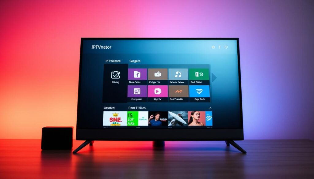 A well-lit, detailed installation scene of the IPTVnator app on a NVIDIA Shield TV. The Shield device is prominently displayed in the center, with its sleek and modern design. The screen shows the IPTVnator app interface, showcasing its user-friendly layout and intuitive controls. In the background, a subtle gradient of colors evokes a sense of technology and digital connectivity. Subtle lighting highlights the Shield's form, creating depth and dimension. The overall composition conveys a professional, high-quality installation process for the IPTVnator app on the NVIDIA Shield TV.