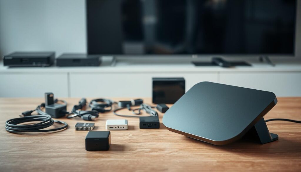 A well-lit, high-quality photograph of a modern NVIDIA Shield TV device prominently displayed in the foreground, showcasing its sleek and minimalist design. The device is placed on a clean, uncluttered surface, such as a wooden or glass table, allowing the device to be the main focus. In the middle ground, various cables, adapters, and peripheral devices necessary for setting up the NVIDIA Shield TV for an IPTV installation are neatly arranged, suggesting the preparatory process. The background is slightly blurred, creating a sense of depth and emphasizing the key elements in the frame. The overall mood is one of organization, attention to detail, and a clear emphasis on the NVIDIA Shield TV as the central component of the setup.