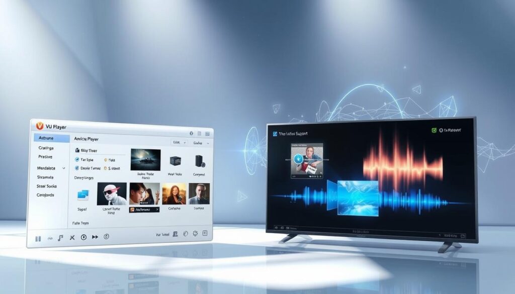 A well-lit, high-resolution illustration depicting the key features and capabilities of the VU Player. In the foreground, a sleek, modern user interface showcases the player's intuitive controls and customizable settings. The middle ground features a selection of media playback options, including support for various video, audio, and streaming formats. In the background, a dynamic visualization of the player's advanced audio processing and 3D surround sound capabilities. The overall scene conveys a sense of technological sophistication and user-friendly design, inviting the viewer to explore the versatile functionality of the VU Player.