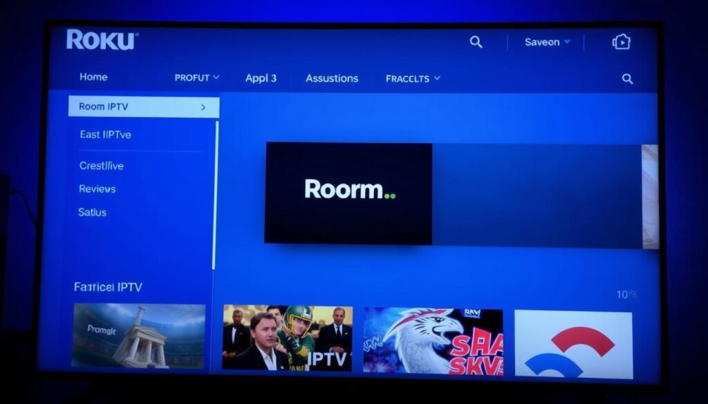 A well-lit, high-resolution image of the Roku Channel Store user interface, showcasing a clean, modern design with a focus on the "Room IPTV" app icon prominently displayed in the center. The background should have a subtle gradient or texture, creating a sense of depth and professionalism. The overall composition should be balanced and visually appealing, highlighting the key elements in a manner that aligns with the article's subject and section title.