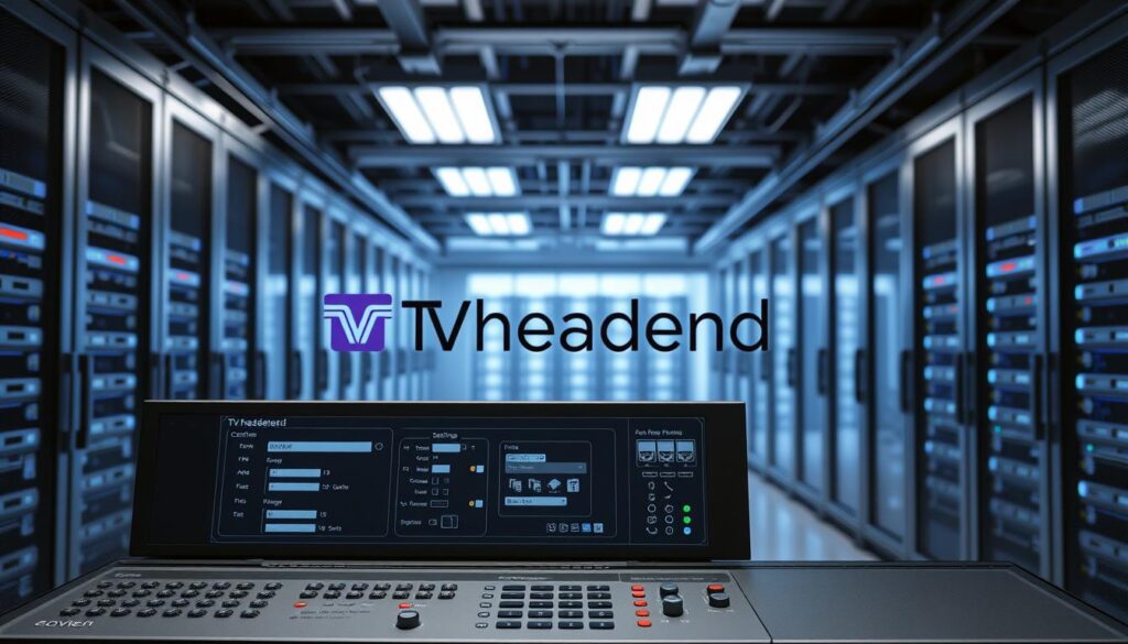 A well-lit, photorealistic image of a server dashboard displaying the TVheadend configuration interface. The foreground shows the server's control panel with various settings and options. The middle ground features a detailed representation of the TVheadend logo and user interface elements. The background depicts a sleek, modern data center environment with racks of servers and networking equipment. The lighting is soft and even, creating a sense of professionalism and technical precision. The camera angle is slightly elevated, providing a clear overview of the server setup and configuration process.