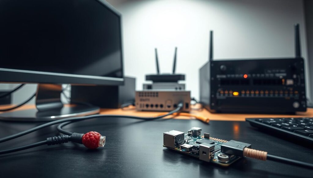 A well-organized network server configuration for an IPTV setup. The foreground shows a Raspberry Pi device connected to an ethernet cable, with a monitor and keyboard nearby. The middle ground features various network hardware components such as a router, modem, and switch, all neatly arranged and connected. The background depicts a clean, minimalist office environment with subtle lighting, creating a professional and efficient atmosphere. The overall scene conveys a sense of technical expertise and attention to detail in the IPTV system setup.