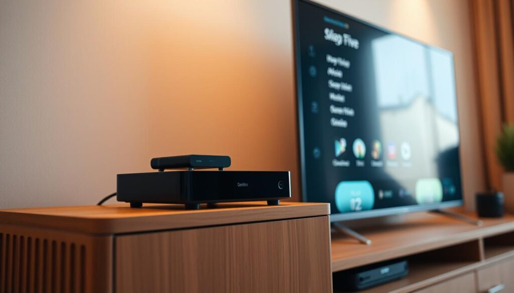 An installation of a Duplex Player on a smart TV, with a clean, modern interface displayed on the screen. The device sits atop a minimalist entertainment center, the sleek black chassis contrasting against the warm wood tones. Soft, indirect lighting casts a gentle glow, creating a cozy, inviting atmosphere. The camera angle captures the setup from a slightly elevated perspective, showcasing the seamless integration of the player within the living space. The scene evokes a sense of simplicity and technology harmoniously blending together, reflecting the ease of installing and using the Duplex Player on a smart TV.