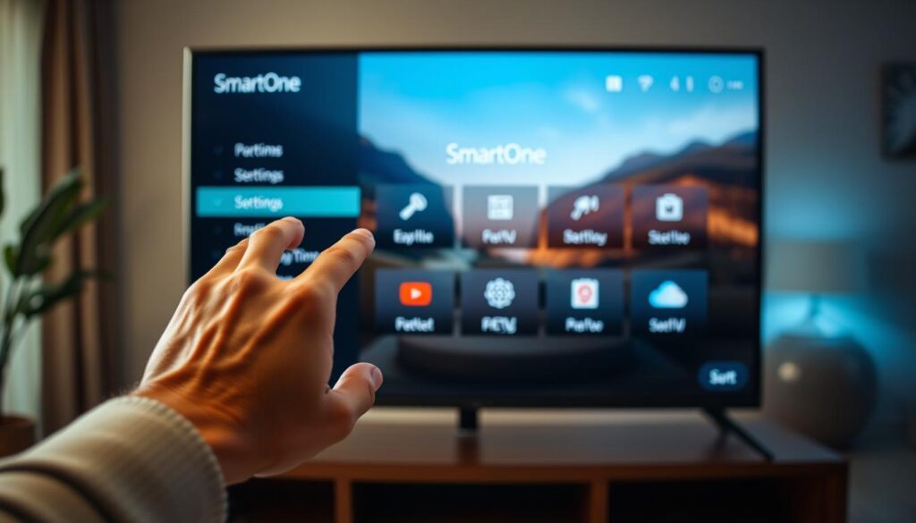Ativação SmartOne IPTV configuração: A sleek, modern smart TV interface showcasing the setup process for the SmartOne IPTV service. In the foreground, a hand navigates through the on-screen menus, selecting options and adjusting settings. The middle ground features the main SmartOne dashboard, displaying clear icons and intuitive controls. In the background, a blurred view of a living room or home entertainment space, conveying a sense of seamless integration and user-friendly experience. The lighting is soft and warm, creating a welcoming atmosphere. The overall composition emphasizes the simplicity and accessibility of the SmartOne IPTV configuration process.