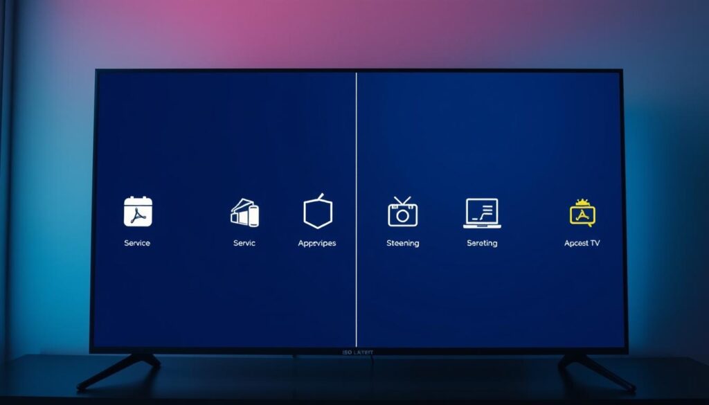 Comparação de aplicativos de streaming IPTV, em uma perspectiva de tela dividida, com icones representando diferentes serviços em um design flat e minimalista. Iluminação suave e difusa, criando um ambiente sutil e profissional. Ângulo em 3/4, com destaque para a comparação entre os diferentes aplicativos em uma interface limpa e organizada. Tons de cinza e azul predominam, transmitindo uma atmosfera tranquila e informativa, adequada para ilustrar a seção sobre a instalação do IBO Player na Smart TV.