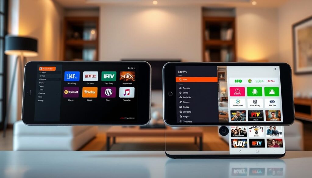 Comparação iptv smarters pro lazy iptv: Two mobile devices showcasing the user interfaces of the IPTV Smarters Pro and Lazy IPTV apps, set against a backdrop of a modern living room with minimalist furniture and warm lighting. The devices are displayed side-by-side, highlighting the key features and differences between the two apps, emphasizing their visual appeal, user-friendliness, and functionality. The overall scene conveys a sense of technological sophistication and seamless integration within a comfortable, contemporary home environment.