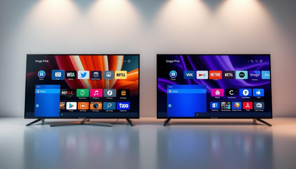 Comparação players IPTV A detailed side-by-side comparison of popular IPTV player interfaces, showcased against a sleek, minimalist backdrop. Precise rendering of application screens, icons, and UI elements, highlighting the unique features and capabilities of each player. Crisp, high-resolution images in a professional, tech-forward style, drawing the viewer's attention to the key differences between the leading IPTV platforms. Subtle ambient lighting and depth of field to create a sense of depth and emphasis on the comparative analysis. Clean, uncluttered composition that allows the user interfaces to take center stage, inviting the viewer to critically evaluate the strengths and weaknesses of each option.