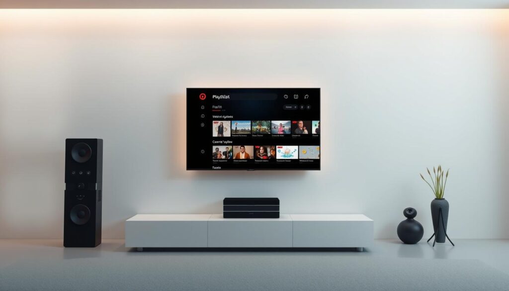 Configuração playlist IPTV: a sleek and modern IPTV setup displaying a curated playlist, showcased against a minimalist backdrop. The interface features clean lines, intuitive controls, and a visually appealing layout, inviting the user to effortlessly navigate and manage their IPTV content. Soft lighting illuminates the screen, creating a warm and inviting atmosphere, while the carefully selected color palette and subtle gradients lend a sense of sophistication and professionalism to the overall design. The composition strikes a balance between functionality and aesthetics, reflecting the seamless integration of technology and user experience.