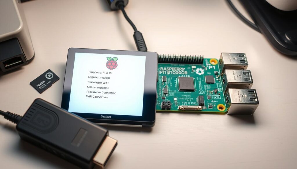 Detailed Raspberry Pi operating system configuration. A clean, well-lit workbench with a Raspberry Pi board and essential components like micro-SD card, power supply, and HDMI cable. The display shows the Raspberry Pi OS setup menu, with options for language, timezone, and Wi-Fi connection. Soft, diffused lighting illuminates the scene, creating a professional, technical atmosphere. The overall composition emphasizes the process of configuring the Raspberry Pi operating system, suitable for illustrating a step-by-step guide.