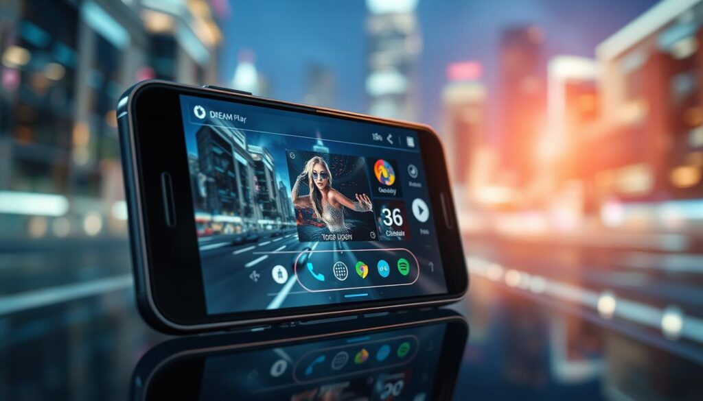 Detailed android device with Dream Player user interface in the foreground, showcasing its various features and functionalities. Cinematic lighting and angle to highlight the sleek, modern design. Background features a blurred, futuristic cityscape to convey a sense of technological sophistication. Colors are vibrant yet balanced, creating an immersive and appealing visual experience. The overall composition should emphasize the versatility and user-friendliness of the Dream Player app on an Android platform.