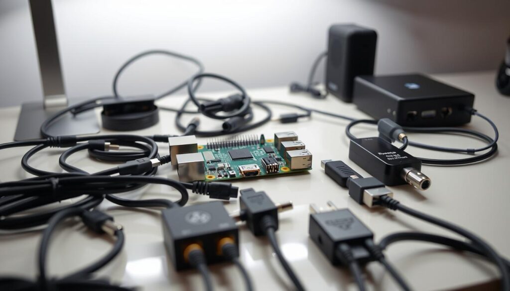 Detailed configuration of Raspberry Pi accessories displayed on a sleek, modern workbench. In the foreground, various cables, adapters, and connectors are neatly arranged. In the middle ground, a Raspberry Pi board is prominently featured, surrounded by peripheral devices like a USB hub, HDMI cable, and power supply. The background showcases a clean, minimalist workspace with subtle lighting, emphasizing the technical nature of the setup. The overall composition conveys a sense of organization, functionality, and the precision required for configuring a Raspberry Pi system.