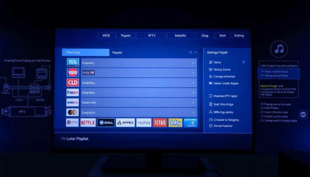 Detailed configuration of an IPTV playlist on a modern, high-resolution display. In the foreground, a sleek, minimalist media player interface showcases a neatly organized playlist, with various channel logos and a clean, intuitive layout. The middle ground features control panels and settings menus, allowing for precise customization of playback options, stream quality, and user preferences. In the background, a subtle visualization of signal strength, network connectivity, and metadata information provides technical context. The overall scene conveys a sense of professionalism, efficiency, and user-friendly design, ideal for illustrating the process of setting up an IPTV service.