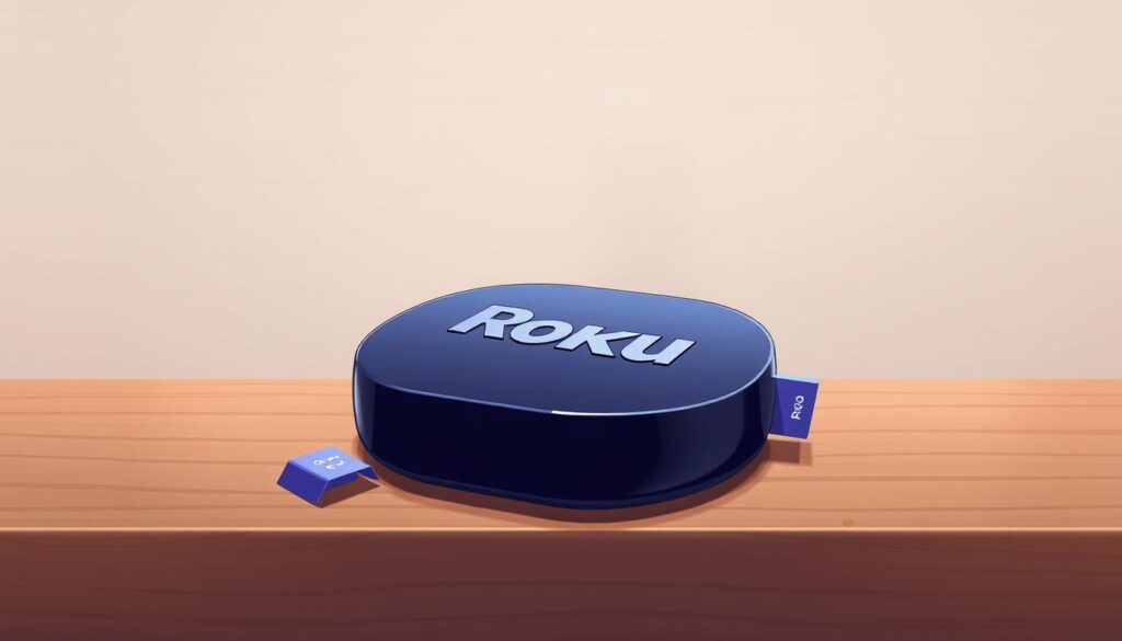 Detailed digital illustration of a Roku streaming device on a wooden table, with a clean, minimalist aesthetic. The Roku device is prominently displayed, with a sleek, modern design and a glossy finish. The background is a soft, neutral-toned wooden surface, creating a warm and natural atmosphere. The lighting is gentle and diffused, highlighting the contours and textures of the device. The overall composition is balanced and visually appealing, with a focus on showcasing the Roku device without any distracting elements.