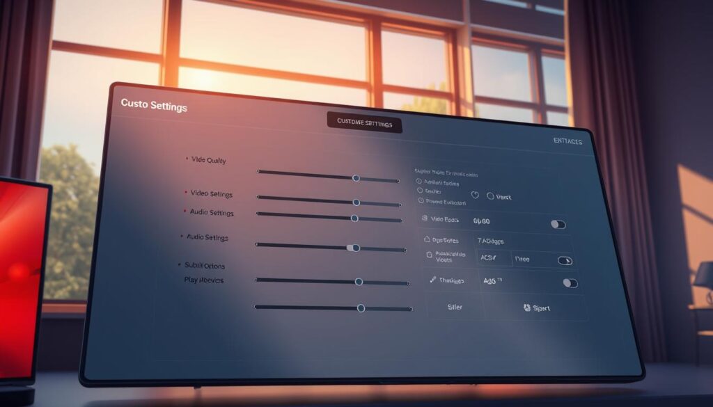 Detailed digital illustration of the customizable settings interface for the IBO Pro Player streaming app. Sleek and modern user interface with adjustable controls for video quality, audio settings, subtitle options, and playback preferences. Vibrant colors, clean typography, and intuitive layout to optimize the streaming experience. Subtle lighting from a large window casts a warm glow across the panel, creating a sense of depth and sophistication. High-resolution, photorealistic rendering with a focus on the key configuration options that allow the user to personalize their viewing setup.