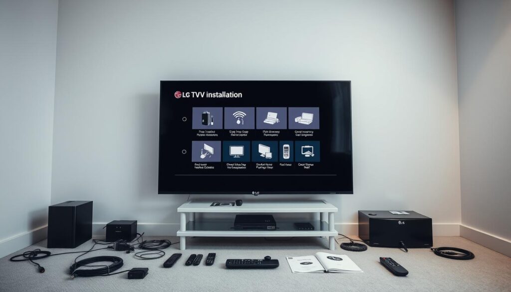 Detailed installation guide for LG TVs, showcasing the setup process with precision. A clean, well-lit interior scene with an LG smart TV prominently displayed, surrounded by various cables, remote controls, and installation manuals. The TV screen displays step-by-step instructions, guiding the user through the installation. Soft, neutral lighting illuminates the scene, creating a calm and informative atmosphere. The composition emphasizes the simplicity and clarity of the installation process, with a focus on the TV and the supporting materials. The overall tone is professional and instructional, tailored to assist LG TV owners in seamlessly setting up their devices.