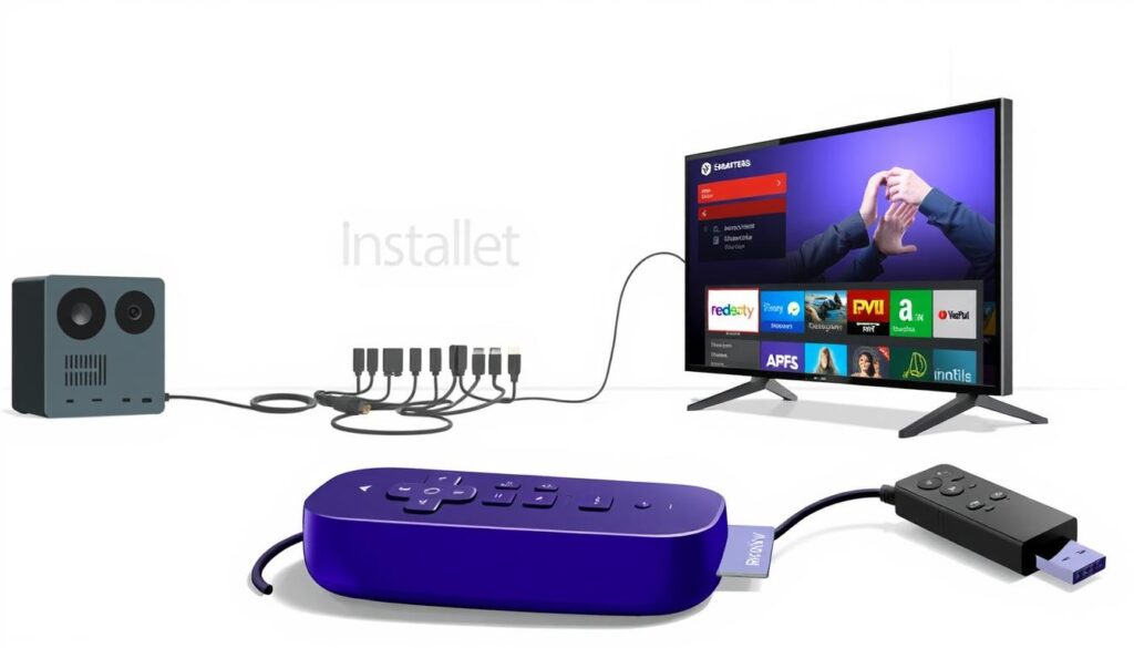 Detailed installation of IPTV Smarters on a Roku device, depicted in a clean, technical illustration. The foreground shows the Roku streaming device, with the IPTV Smarters app interface displayed on the screen. The middle ground features various cables and connections to represent the sideloading process. The background is a minimalist, light-toned environment to maintain focus on the central subject. Crisp lighting accentuates the textures and details of the hardware, creating a professional, instructional aesthetic. Camera angle is slightly elevated to provide a clear, unobstructed view of the installation steps.