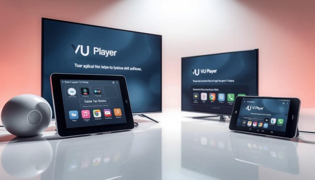 Detailed installation process of VU Player software on various devices, including a smart TV, tablet, and smartphone. Bright, clean, and technical atmosphere, with a focus on the step-by-step setup procedure. Smooth, reflective surfaces of the devices in the foreground, with a minimalist, modern design. Soft, directional lighting illuminates the scene, creating depth and highlighting the key elements. The middle ground features various device icons and UI elements, while the background has a subtle gradient or pattern to provide context without distracting from the main focus.