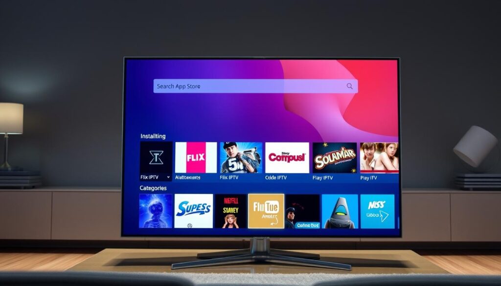 Detailed, photorealistic image of a Samsung smart TV screen displaying the Samsung App Store, with the user searching for the "Flix IPTV" app. The screen shows a clean, uncluttered interface with a focused search bar and app categories. The TV is situated in a modern living room setting, with subtle lighting highlighting the screen's clarity and the TV's sleek design. The overall atmosphere conveys a sense of ease and simplicity in the installation process.