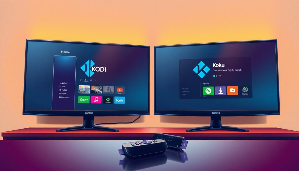 Detailed, realistic digital illustration of two screens displaying the Kodi media player interface, one screen mirroring the other in a Roku streaming device setup. The Kodi home screen is prominently featured, with clean layout and vibrant colors. Warm, soft lighting casts a cozy ambiance. The composition focuses on the dual screens, with a neutral background that subtly accentuates the technology. Angle is slightly elevated to provide a natural, user-centric perspective. Overall, the image conveys the ease and functionality of using Kodi on a Roku device.