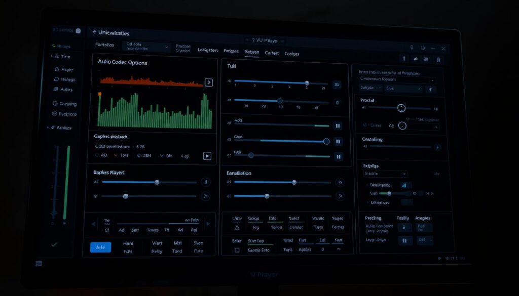 Detailed technical controls displayed on a sleek, modern UI with a dark, minimalist theme. The VU Player interface showcases a variety of advanced functionality - equalization, audio codec options, gapless playback, and more - presented in a clean, intuitive layout. The screen is bathed in a warm, focused lighting that emphasizes the depth and precision of the settings. Camera angle is slightly elevated to capture the full scope of the UI, conveying a sense of control and mastery over the advanced media player capabilities.