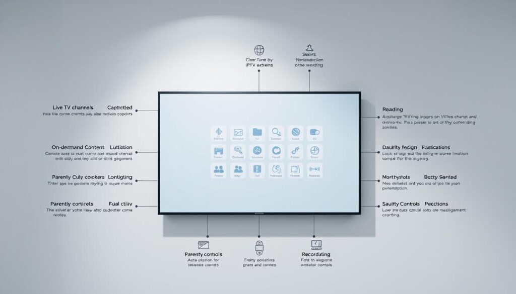 Detailed, technical diagram of IPTV Extreme features and functionality, shown in a clean, high-contrast layout. Centered in the frame, a sleek, minimalist display showcases a grid of icons representing various IPTV Extreme capabilities, such as live TV channels, on-demand content, parental controls, and recording options. The icons are rendered with crisp edges and subtle gradients, giving them a modern, premium aesthetic. The background is a soft, neutral tone, allowing the central display to take visual prominence. Subtle lighting from the top left casts a gentle directional shadow, adding depth and dimensionality to the scene. The overall mood is one of simplicity, clarity, and professionalism, reflecting the robust feature set of the IPTV Extreme platform.