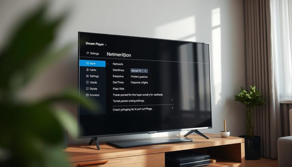 High-quality close-up view of a smart TV screen displaying the Dream Player interface in a well-lit modern living room setting. The screen shows the network configuration menu with various settings and options. The TV is situated on a wooden media console, with a potted plant and decorative items visible in the background. The lighting is soft and natural, creating a warm and inviting atmosphere. The image captures the step-by-step process of setting up Dream Player on a smart TV in a clear and visually appealing manner.