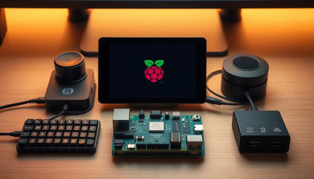 Integrating advanced Raspberry Pi tools: a sleek, modern workspace. Crisp rendering of a Raspberry Pi device surrounded by an array of connected peripherals - a touchscreen display, a compact mechanical keyboard, and a compact USB hub. Warm, indirect lighting casts a soft glow, highlighting the tactile textures of the hardware components. The scene conveys a sense of seamless, streamlined integration - a harmonious blend of technology and workspace ergonomics. The composition emphasizes the versatility and customizability of the Raspberry Pi platform, inviting the viewer to imagine the powerful possibilities of advanced configurations.