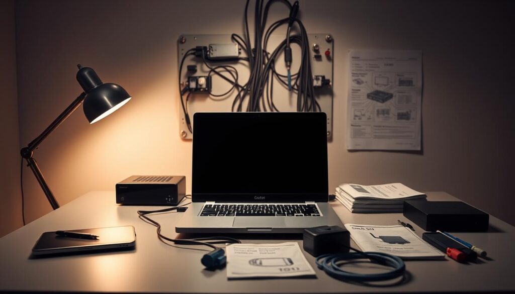 Preparação para instalação IPTV: Um ambiente técnico com uma mesa de trabalho ordenada, exibindo um notebook aberto, um adaptador de rede e outros acessórios necessários para a configuração. Iluminação suave e neutra cria um clima profissional e focado. Ao fundo, um painel de controle com cabos e conexões, sugerindo a complexidade técnica envolvida. Primeiro plano com ferramentas de trabalho e manuais, indicando atenção aos detalhes e preparação cuidadosa. Tons de cinza, azul e prata predominam, transmitindo uma atmosfera de precisão e eficiência.