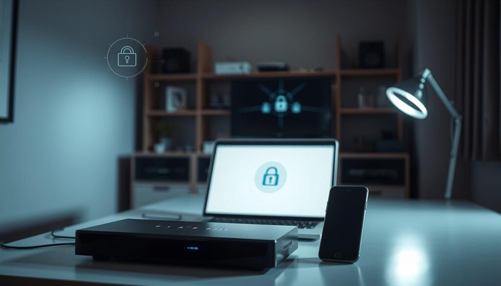 Prompt A serene, dimly lit home office with a laptop, smartphone, and streaming device prominently displayed. The scene conveys a sense of privacy and security, with soft lighting and muted tones. The devices are positioned to suggest the user's focus on IPTV streaming, while subtle visual cues, such as network diagrams or encryption icons, hint at the underlying security and privacy considerations. The background features neutral, minimalist decor, creating a calming and professional atmosphere. The overall composition emphasizes the importance of balancing the convenience of streaming with the need for data protection and personal privacy.
