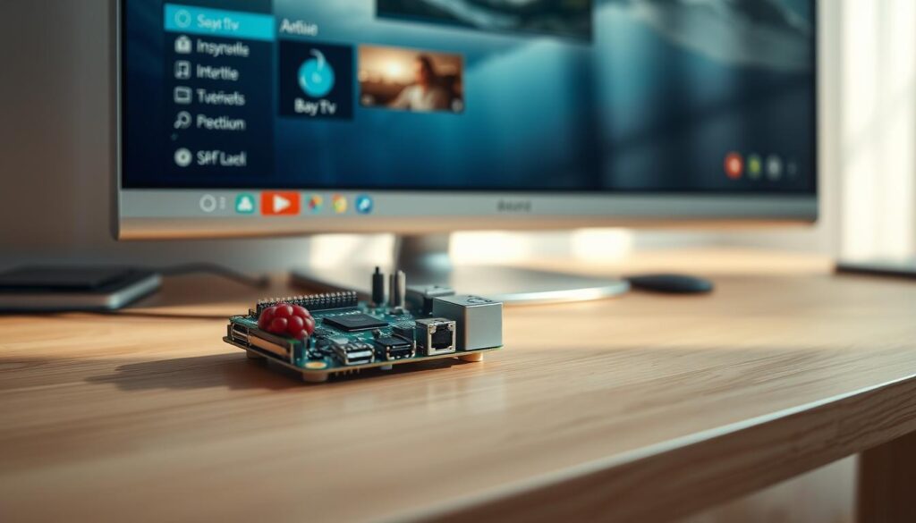 Raspberry Pi device in a practical desktop configuration, showcasing the Baytv player software interface. The Pi is placed on a clean, minimalist wooden desk, with a sleek, modern monitor displaying the Baytv player's intuitive controls and menus. Soft, natural lighting illuminates the scene, creating a warm, inviting atmosphere. The composition emphasizes the simplicity and user-friendliness of the setup, reflecting the "Practical Guide" theme. High-resolution, 4K render, detailed textures, and subtle camera depth of field.