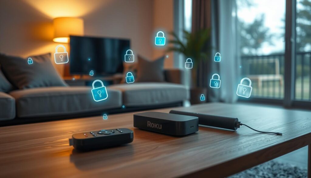 Serene, secure, and private IPTV setup on a Roku device. A softly illuminated living room scene, with a Roku box and remote resting on a minimalist wooden coffee table. Surrounding the device, glowing digital security icons and encryption symbols float subtly, conveying a sense of digital privacy and protection. Warm lighting casts a cozy, intimate atmosphere, while a large window in the background offers a tranquil outdoor view. The overall composition evokes a feeling of trust, reliability, and digital well-being for the user's home entertainment experience.