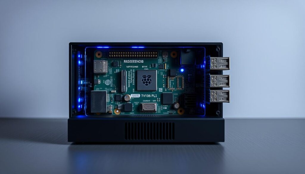 Servidor tvheadend raspberry pi, a sleek and efficient home media server. A minimalist black chassis houses the powerful Raspberry Pi, its cool blue LED lights casting a serene glow. The front panel features a clean, uncluttered design, with only the essential ports and connectors visible. In the middle ground, intricate circuit boards and heat sinks suggest the advanced technology within, seamlessly integrated into the compact form factor. The background is a soft, muted gradient, allowing the device to take center stage. Crisp shadows and highlights accentuate the clean lines and precise engineering, conveying a sense of professionalism and reliability. The overall scene evokes a modern, streamlined aesthetic, perfectly suited for the "Integração com Outras Ferramentas e Otimizações" section of the article.