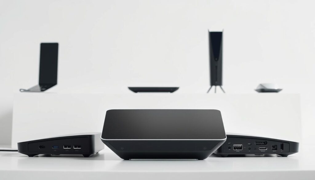 Step-by-step installation of nvidia shield, featuring a sleek and modern-looking nvidia shield device in the foreground, set against a minimalist white background. The device is shown from multiple angles, highlighting its clean design and various ports and connections. The lighting is soft and diffused, creating a sense of simplicity and focus on the subject. The composition emphasizes the step-by-step nature of the installation process, with the device taking up a significant portion of the frame to convey a sense of importance and attention to detail.