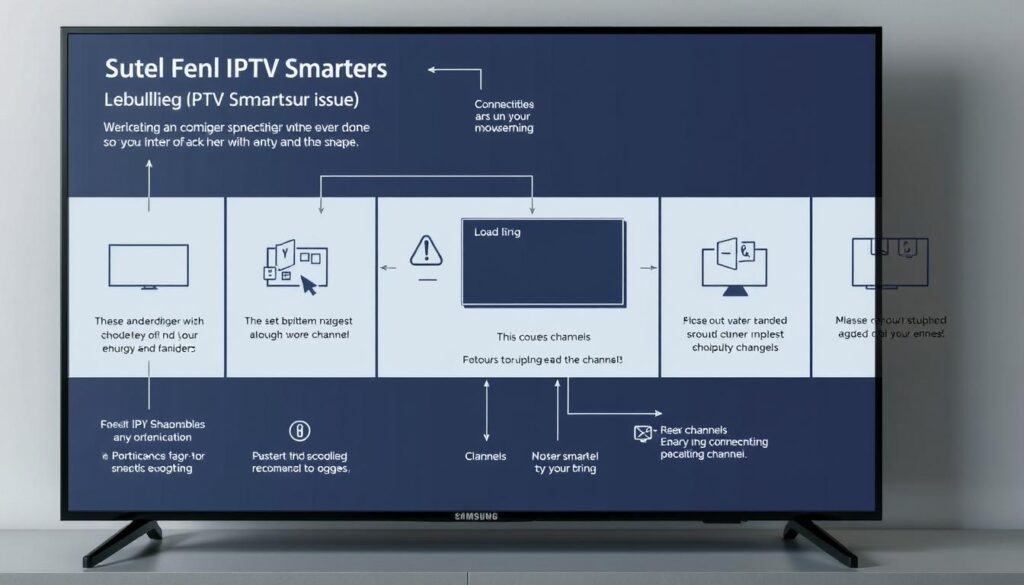 a detailed technical diagram of a samsung smart tv screen, showing step-by-step instructions for troubleshooting common IPTV Smarters issues, such as connectivity problems, loading errors, and missing channels, with clear illustrations and labeled components, rendered in a clean, minimalist style with muted colors and soft lighting to create a calm, informative atmosphere