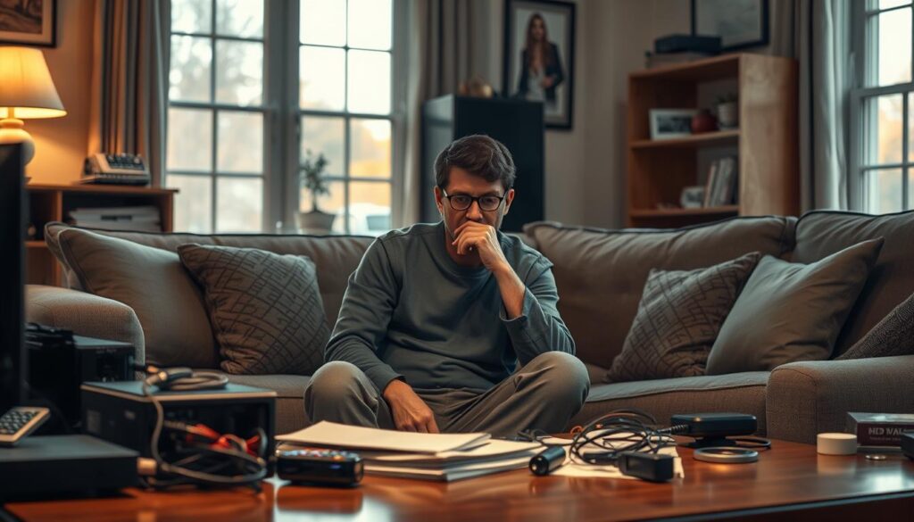 a high-resolution, realistic image of a person sitting in a comfortable living room setting, deep in thought as they work through a complex problem on their Roku streaming device. The scene is well-lit, with warm, natural lighting filtering in through large windows. The person is surrounded by various electronic devices, cables, and troubleshooting materials, conveying a sense of focused problem-solving. The background features generic household decor, creating a relatable, domestic atmosphere. The overall tone is one of concentration and determination as the person navigates the technical challenges of their Roku setup.