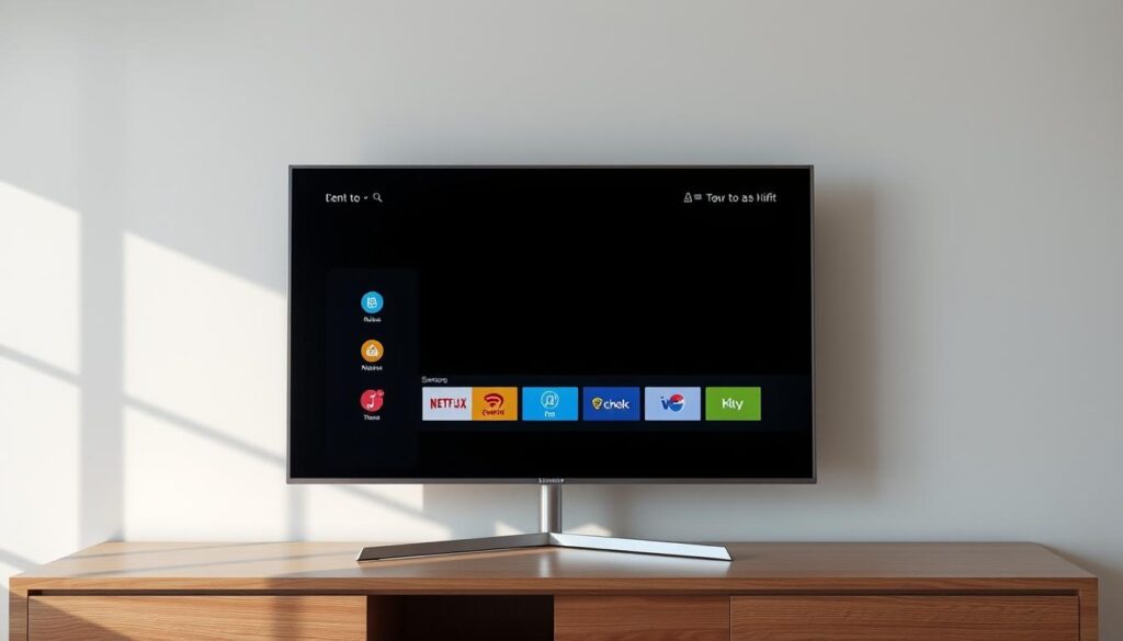 a highly detailed, photorealistic image of a Samsung media player interface, displayed on the screen of a Samsung smart TV. The media player interface is shown in a centered, frontal view, with a clean, minimalist design featuring intuitive icons and controls. The TV screen is surrounded by a sleek, modern Samsung TV frame in a neutral color. The scene is lit with natural, diffused lighting, creating a soft and inviting atmosphere. The overall composition emphasizes the clarity and user-friendliness of the Samsung media player interface, making it an ideal illustration for a guide on installing SS IPTV on a Samsung smart TV.