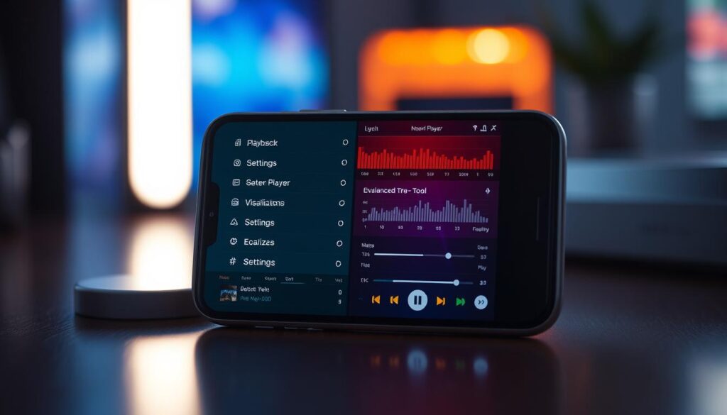 advanced dream player configuration, showcasing a modern and sleek user interface displayed on a smartphone screen, with customizable menus, settings, and visualizations. The screen is bathed in a warm, ambient lighting, creating a cozy and immersive atmosphere. The interface features intuitive touch gestures, allowing the user to seamlessly navigate through various playback options, equalizer settings, and audio enhancement tools. The overall design exudes a sense of sophistication and attention to detail, highlighting the advanced capabilities of the Dream Player software.