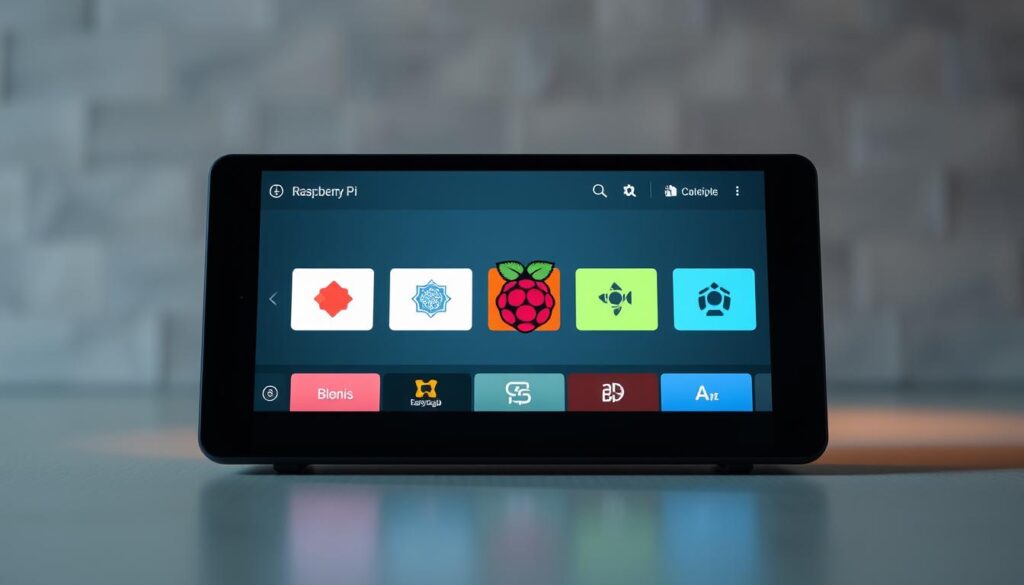 configuração serviços streaming TVHeadend with minimalist modern interface on sleek black Raspberry Pi device, set against a soft, blurred gray background to emphasize the device and interface, with warm lighting from a discreet side-angle to create depth and highlight the clean lines and textures of the hardware and software elements