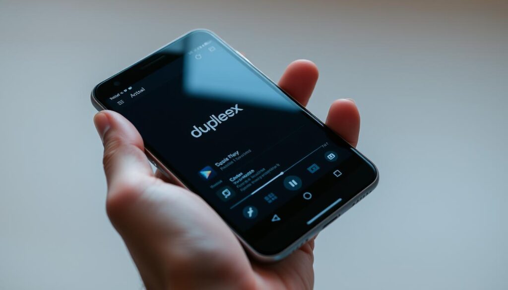 instalação Duplex Player on a sleek, modern smartphone. The device is held in a hand, displaying the Duplex Player interface prominently. The screen shows the app's main menu, with clear icons and intuitive layout. The smartphone has a high-quality, edge-to-edge display with realistic reflections. The hand holding the device is partially visible, with fingers resting naturally on the touchscreen. The background is a minimalist, neutral tone that allows the smartphone and app to be the focal point. Soft, indirect lighting illuminates the scene, creating a clean, professional atmosphere. The overall impression is of a seamless, user-friendly Duplex Player installation on a state-of-the-art Android smartphone.