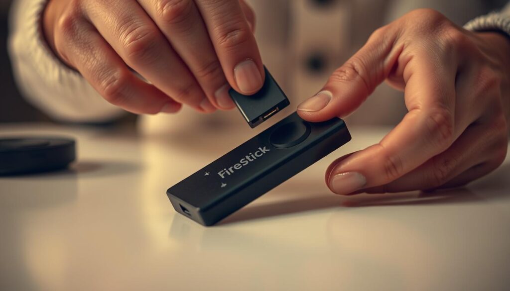 A close-up shot of a person's hands preparing a FireStick device for installation. The FireStick is resting on a clean, flat surface, such as a table or desk. The person's fingers are carefully removing the protective casing, revealing the device's internal components. The lighting is soft and indirect, creating a warm, focused atmosphere. The image emphasizes the meticulous attention to detail and the sense of preparation for the upcoming installation process, conveying a sense of anticipation and readiness.