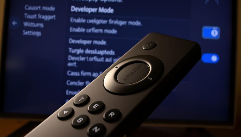 A close-up view of an Amazon Firestick remote control, its buttons and menu options clearly visible. The screen in the background displays the "Developer Options" menu, with toggles and settings for enabling developer mode. The image is well-lit, with a soft, warm lighting that accentuates the details of the remote. The composition emphasizes the interaction between the physical remote and the digital settings, conveying the process of unlocking the Firestick's advanced features. The overall mood is one of technicality and customization, hinting at the empowerment and control that can be achieved by accessing the Firestick's developer options.