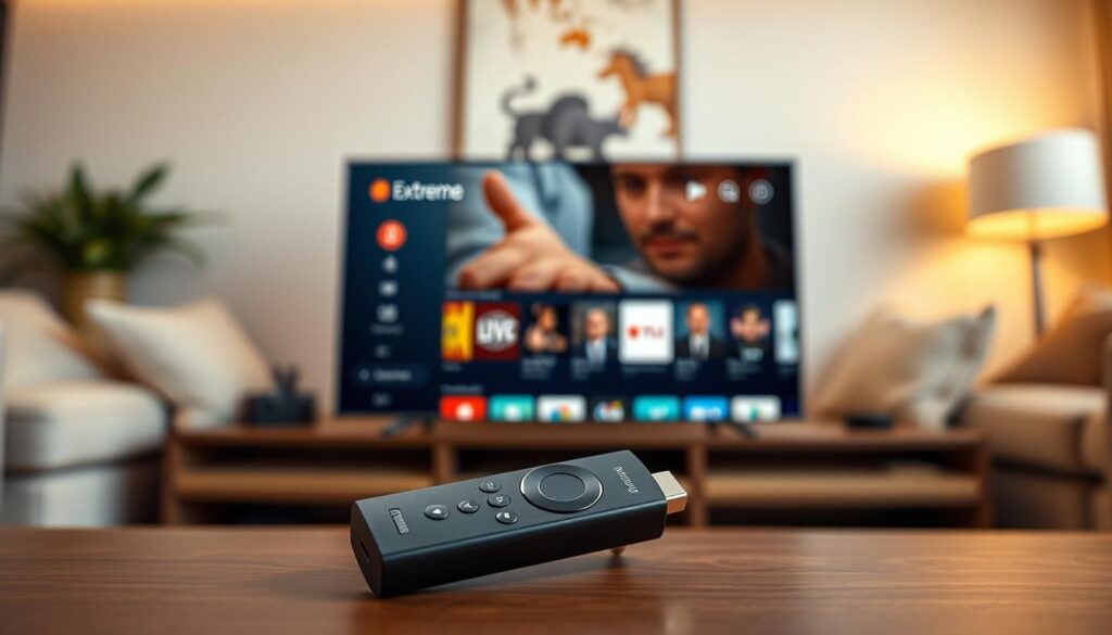 A comprehensive guide to configuring IPTV Extreme, showcased on a sleek firestick device. The foreground displays the firestick interface, meticulously rendered with clean lines and a modern aesthetic. The middle ground features the IPTV Extreme application, its intuitive menu and controls captured in vivid detail. The background subtly hints at a cozy living room setting, with warm lighting and soft, natural textures. The overall composition conveys a sense of ease and accessibility, inviting the viewer to envision the seamless integration of IPTV Extreme on their own firestick setup.