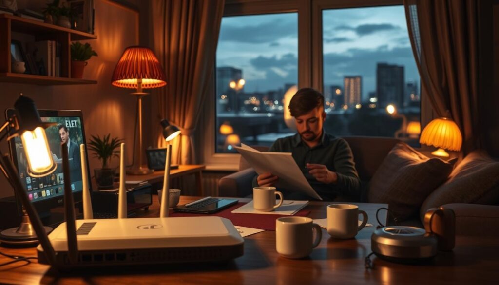 A cozy home office, dimly lit by warm tungsten lamps, filled with the glow of a laptop screen. In the foreground, a network router and smart home devices, representing the streaming technology at the heart of the problem. In the middle ground, a person intently focused on troubleshooting, surrounded by coffee mugs and scribbled notes. The background depicts a window overlooking a serene cityscape, hinting at the broader context of the article. The overall mood is one of thoughtful concentration, as the user navigates the optimization and problem-solving process.