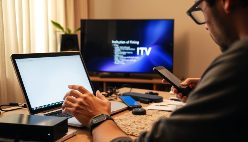 A cozy home office setup with a laptop, tablet, and smartphone, surrounded by technical devices and troubleshooting tools. The foreground features a person intently examining a laptop screen, their face illuminated by the soft glow of the display. The middle ground showcases a variety of IPTV equipment, including a streaming device, cables, and a remote control. The background depicts a warm, natural-lit environment with subtle textures and muted colors, creating a sense of focus and problem-solving. The overall mood is one of concentration and determination to resolve common IPTV installation issues.