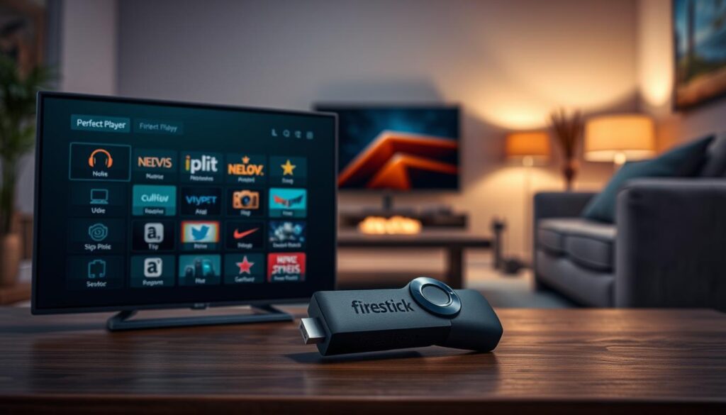 A detailed configuration of the Perfect Player app interface on an Amazon Firestick device. The foreground shows the app's clean and intuitive layout, with various menu options and media controls prominently displayed. The middle ground features the Firestick hardware in a sleek, modern design, seamlessly integrating with the software. The background depicts a cozy living room setting, with subtle lighting and warm tones, creating a relaxing atmosphere for media consumption. The overall scene conveys the ease and convenience of setting up and using the Perfect Player app on the Firestick platform.