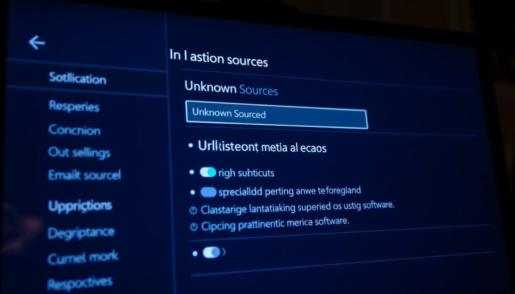 A detailed settings screen for a FireStick device, showcasing the "Unknown Sources" permission enabled. The screen is well-lit, with a clean and modern interface design. The layout features various menu options, icons, and toggle switches, all presented in a clear and organized manner. The overall atmosphere is one of technical precision and user-friendly accessibility, reflecting the needs of someone installing specialized media software on their FireStick.