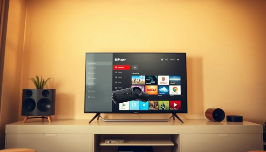 A detailed step-by-step installation guide for 5KPlayer on a Firestick device. The image shows a clean, minimalist setup with the Firestick and 5KPlayer app interface prominently displayed on a 4K TV screen. Warm lighting casts a soft glow, creating a cozy, inviting atmosphere. The composition is balanced, with the Firestick and app filling the center frame, surrounded by clean negative space. Technical details like camera angle, lens, and depth of field produce a crisp, high-quality visual that effectively illustrates the installation process.